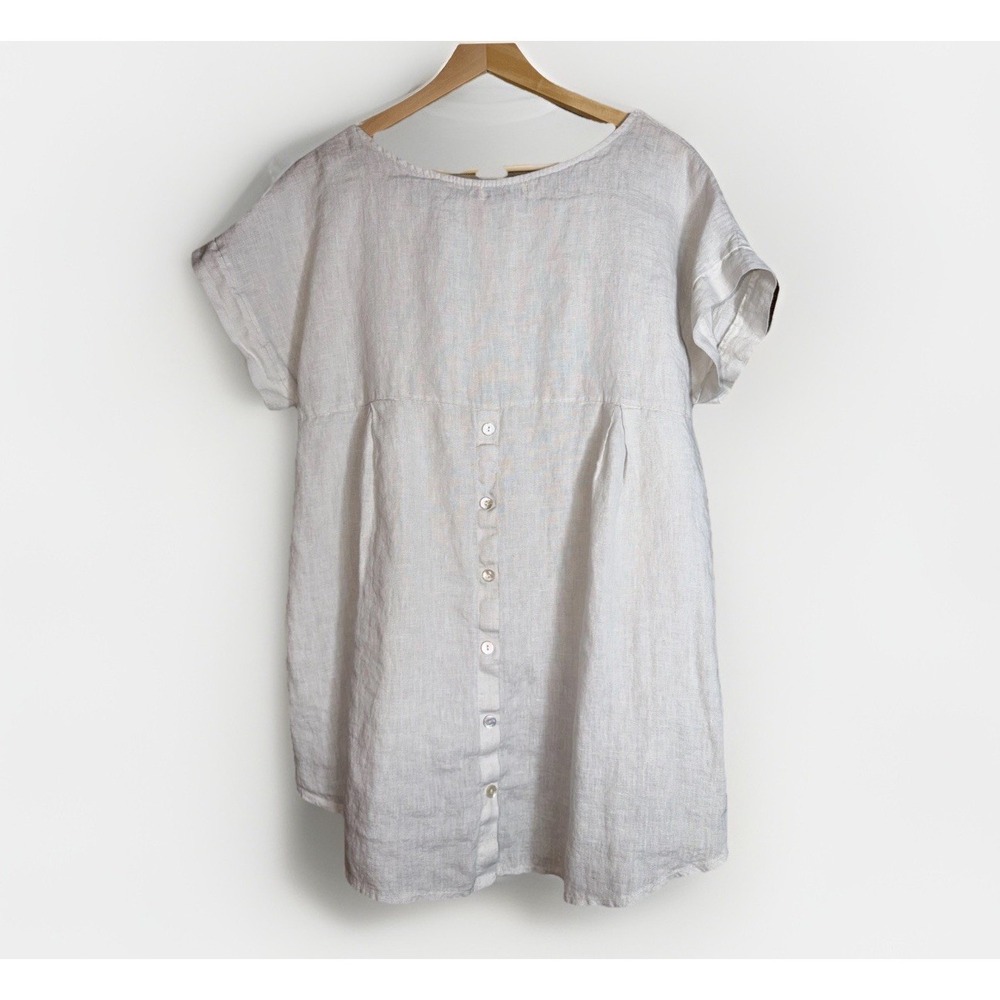 Terzo Millennio Sand 100% Linen Short Sleeve Hi-Low Hem Tunic Top Size Small - Picture 3 of 5